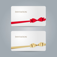 Wall Mural - White gift card or invitation with red and golden bows, ribbons. Vector template for design credit or discount card. Isolated from a background
