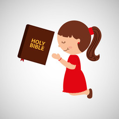 Sticker - cartoon girl praying with holy bible design vector illustration