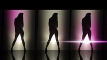 A Silhouette Of Beautiful Girls Woman Dancing Combination. Against Colored & Gray Background.