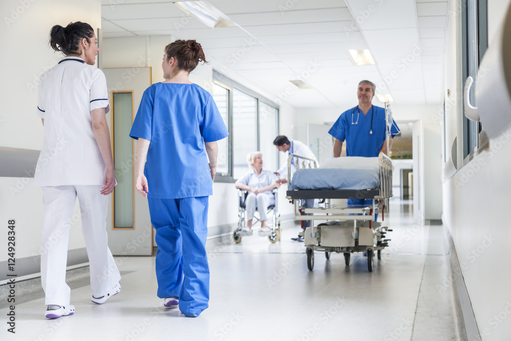 Male nurse pushing stretcher gurney bed in hospital corridor with doctors & senior female patient - obrazy, fototapety, plakaty 
