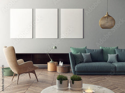 Fotografía mock up poster with vintage hipster loft interior background, 3D rendering