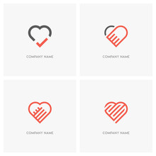 Love Vector Logo Set. The Heart Symbol With Check Mark, Labyrinth And Hold Hands - Valentine, Relationship And Medicine Icons.