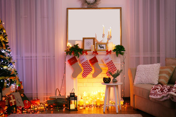 Poster - Beautiful fireplace in living room decorated for Christmas