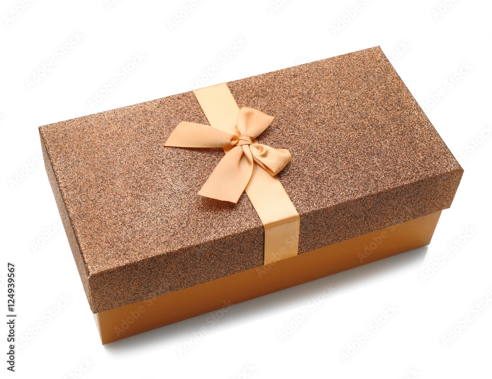 Christmas gift in golden box isolated on white