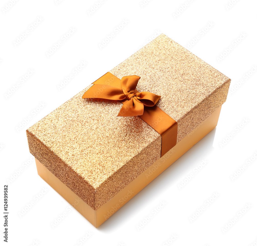 Christmas gift in golden box isolated on white