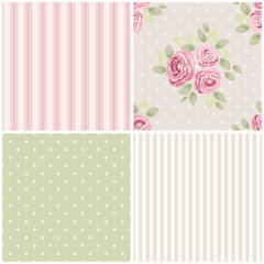 set of cute seamless shabby chic patterns with roses, polka dot and striped, ideal for kitchen texti