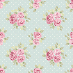 Wall Mural - Set of cute seamless Shabby Chic patterns with roses, polka dot and striped, ideal for kitchen textile or bed linen fabric or interior wallpaper design, can be used for scrap booking paper etc