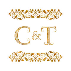 C&T vintage initials logo symbol. The letters are surrounded by ornamental elements. Wedding or business partners monogram in royal style.