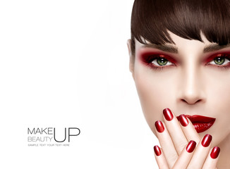 Wall Mural - beauty and makeup concept. fashion make-up and nails in burgundy