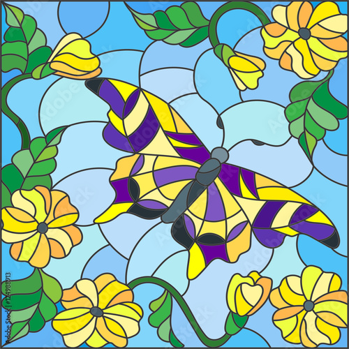 Nowoczesny obraz na płótnie Illustration in stained glass style with bright butterfly against the sky, foliage and flowers