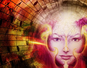 Poster - beautiful face of mystical being with music notes, symbol of the muse of music with phoenix birds sign on head in space.