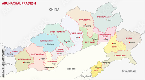 Arunachal Pradesh administrative and political map Vecteur Stock