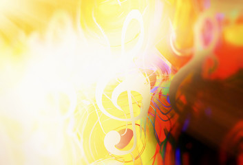 Poster - music clef in sun light and color background. Music concept. Copy space.