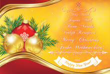 Warm New Year Greeting Card In Many Languages: Merry Christmas In German, English, Dutch, Italian, French And Spanish. Print Colors Used. Custom Postcard Size For Print.