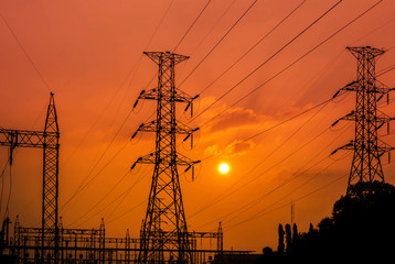 Canvas Print - high voltage substation on  sunset background  