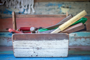 Old Wooden toolbox with old tools