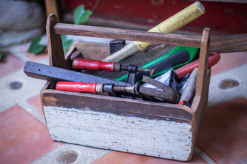 Old Wooden toolbox with old tools