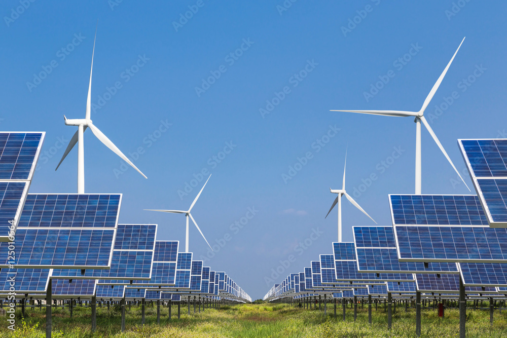            photovoltaics  solar panel and wind turbines generating electricity in solar power station alternative energy from nature   - obrazy, fototapety, plakaty 