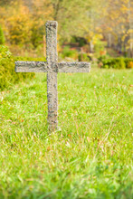 Abandoned, Old, Wooden Cross In The Cemetery In Sunny Autumn Day. Peaceful Place. Cemetery In Europe, Latvia.