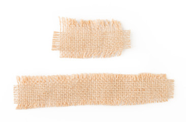 burlap fabric label pieces, rustic hessian patch isolated on white background