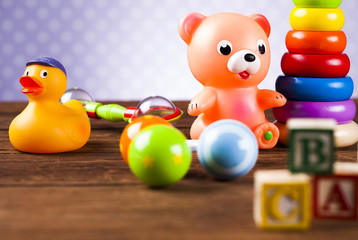  Wooden Toys collection on colorful background