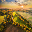 Beautiful sunset over The Radbuza river. Autumn in western Bohemia. Aerial view to scenic landscape in Czech Republic, Central Europe. HDR (warm filtered) photography.