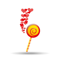 Sticker - lollipop red and yellow round with red hearts icon vector illustration