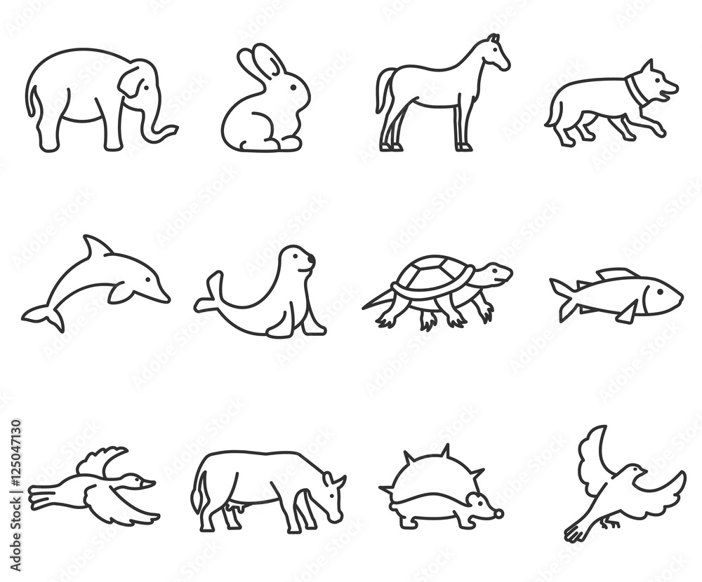 animals icons set, thin line design. various animals, linear animals icons set, thin line design. various animals, linear