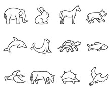 Animals Icons Set, Thin Line Design. Various Animals, Linear Symbols Collection. Zoo Animals, Isolated Vector Illustration.
