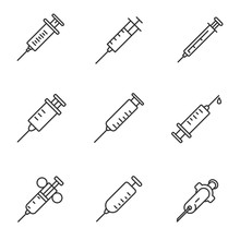 Syringe Icons Set, Thin Line Design. Medical Syringes Of Different Forms, Linear Symbols Collection. Isolated Vector Illustration.