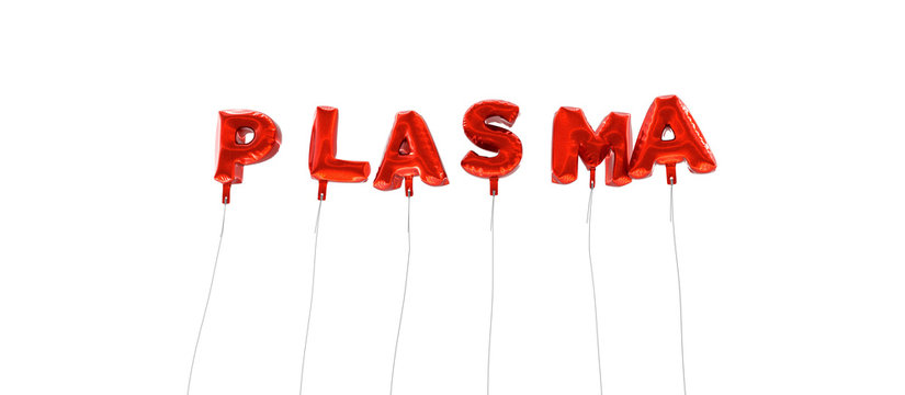 PLASMA - word made from red foil balloons - 3D rendered.  Can be used for an online banner ad or a print postcard.