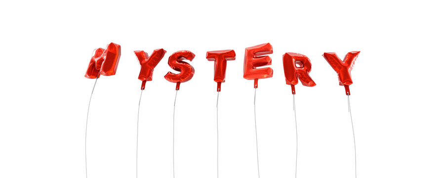 MYSTERY - word made from red foil balloons - 3D rendered.  Can be used for an online banner ad or a print postcard.