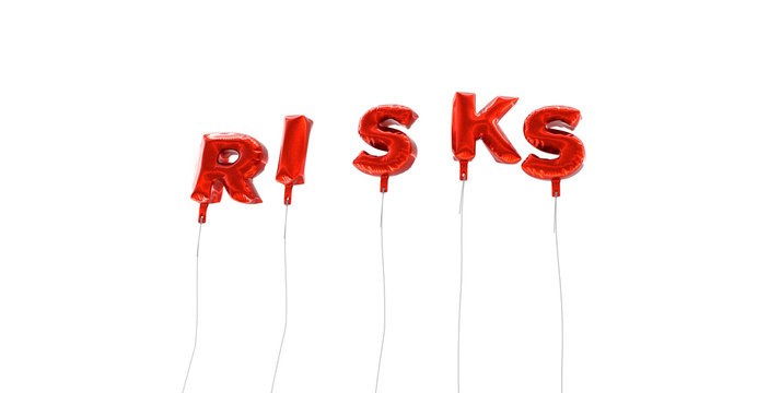 RISKS - word made from red foil balloons - 3D rendered.  Can be used for an online banner ad or a print postcard.