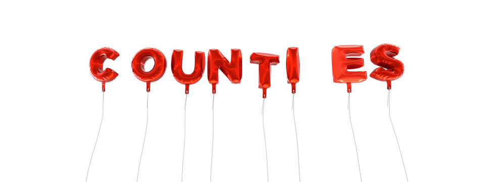 COUNTIES - word made from red foil balloons - 3D rendered.  Can be used for an online banner ad or a print postcard.
