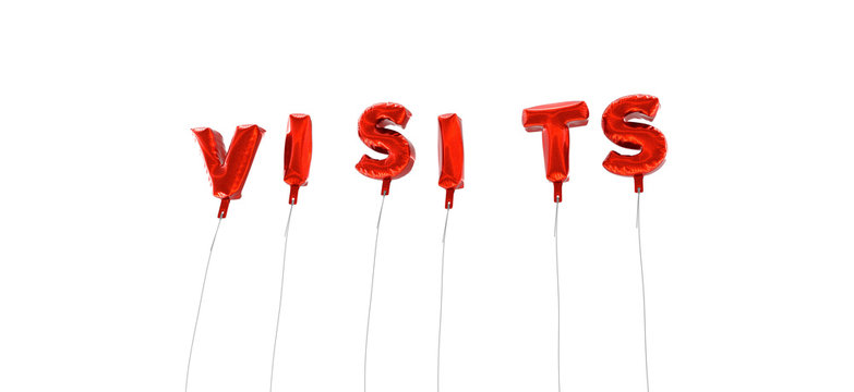 VISITS - word made from red foil balloons - 3D rendered.  Can be used for an online banner ad or a print postcard.