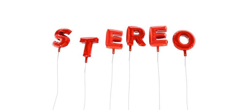 STEREO - word made from red foil balloons - 3D rendered.  Can be used for an online banner ad or a print postcard.