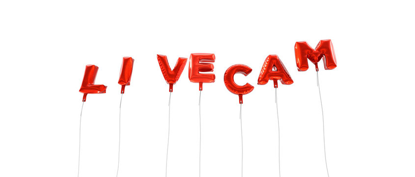 LIVECAM - word made from red foil balloons - 3D rendered.  Can be used for an online banner ad or a print postcard.