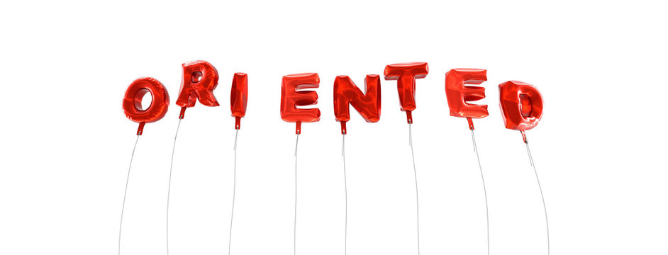 ORIENTED - word made from red foil balloons - 3D rendered.  Can be used for an online banner ad or a print postcard.
