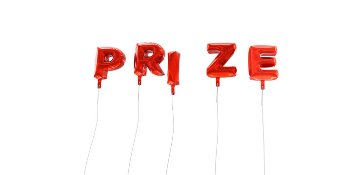 PRIZE - word made from red foil balloons - 3D rendered.  Can be used for an online banner ad or a print postcard.