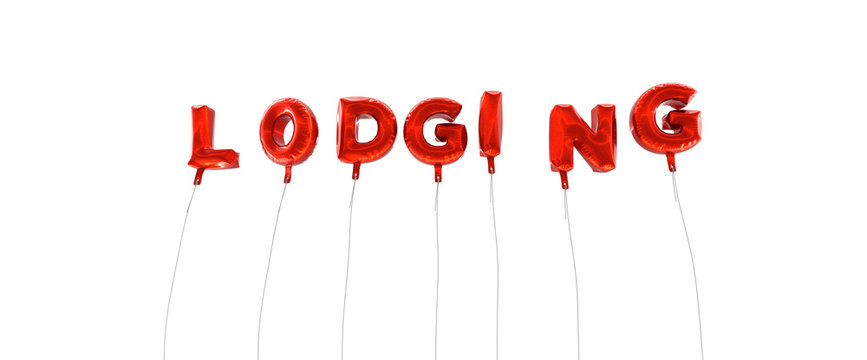 LODGING - word made from red foil balloons - 3D rendered.  Can be used for an online banner ad or a print postcard.