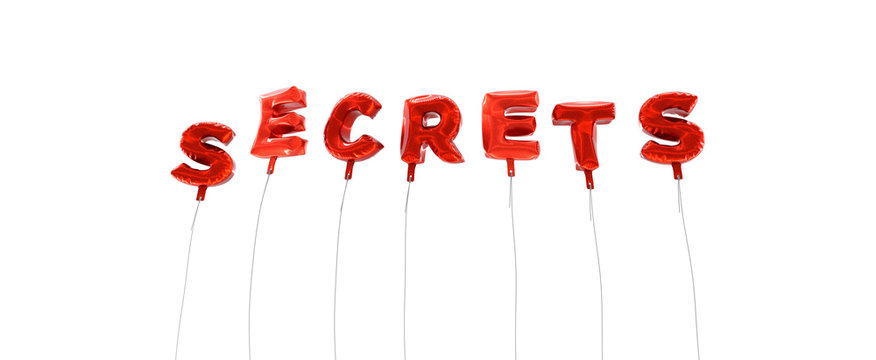 SECRETS - word made from red foil balloons - 3D rendered.  Can be used for an online banner ad or a print postcard.