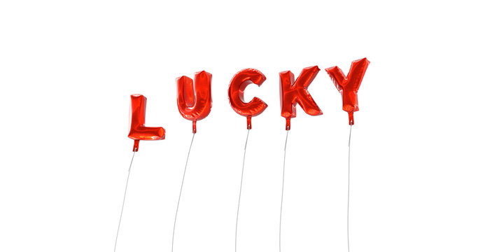 LUCKY - word made from red foil balloons - 3D rendered.  Can be used for an online banner ad or a print postcard.