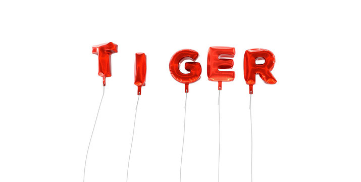 TIGER - word made from red foil balloons - 3D rendered.  Can be used for an online banner ad or a print postcard.