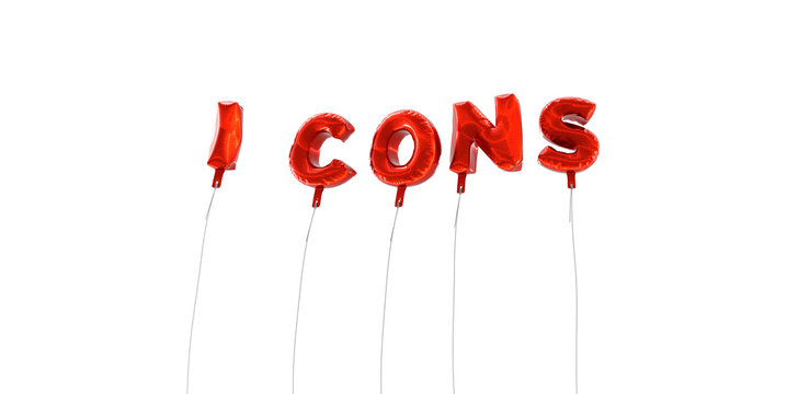 ICONS - word made from red foil balloons - 3D rendered.  Can be used for an online banner ad or a print postcard.