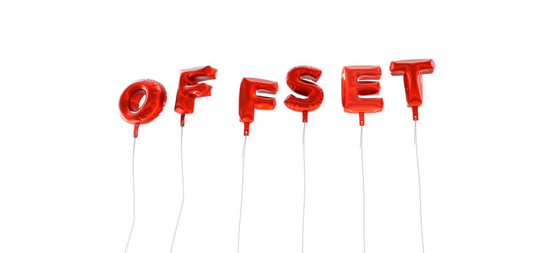 OFFSET - word made from red foil balloons - 3D rendered.  Can be used for an online banner ad or a print postcard.