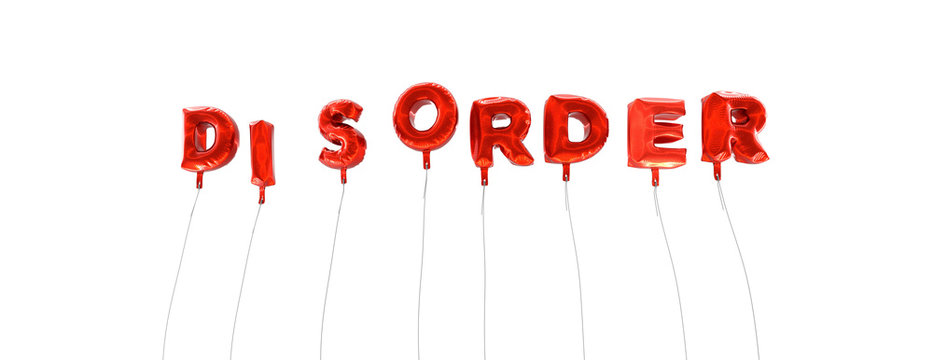 DISORDER - word made from red foil balloons - 3D rendered.  Can be used for an online banner ad or a print postcard.
