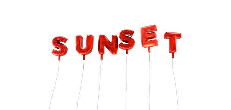 SUNSET - word made from red foil balloons - 3D rendered.  Can be used for an online banner ad or a print postcard.