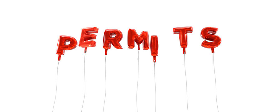 PERMITS - word made from red foil balloons - 3D rendered.  Can be used for an online banner ad or a print postcard.