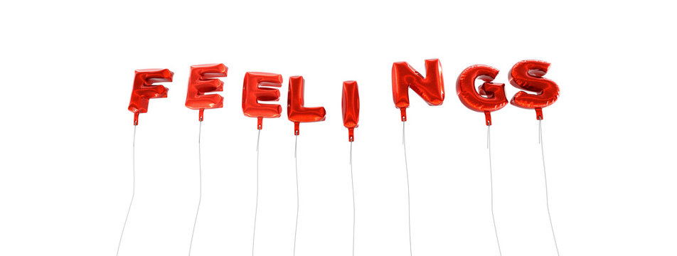 FEELINGS - word made from red foil balloons - 3D rendered.  Can be used for an online banner ad or a print postcard.