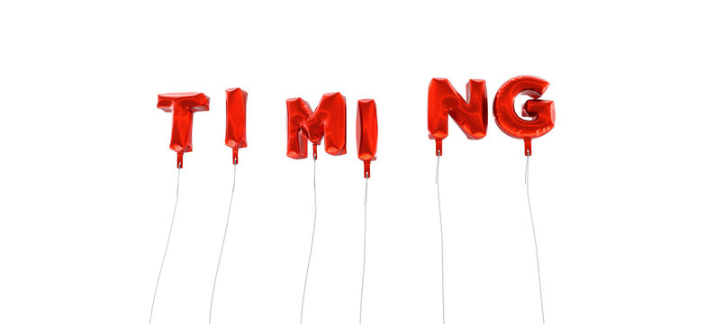 TIMING - word made from red foil balloons - 3D rendered.  Can be used for an online banner ad or a print postcard.